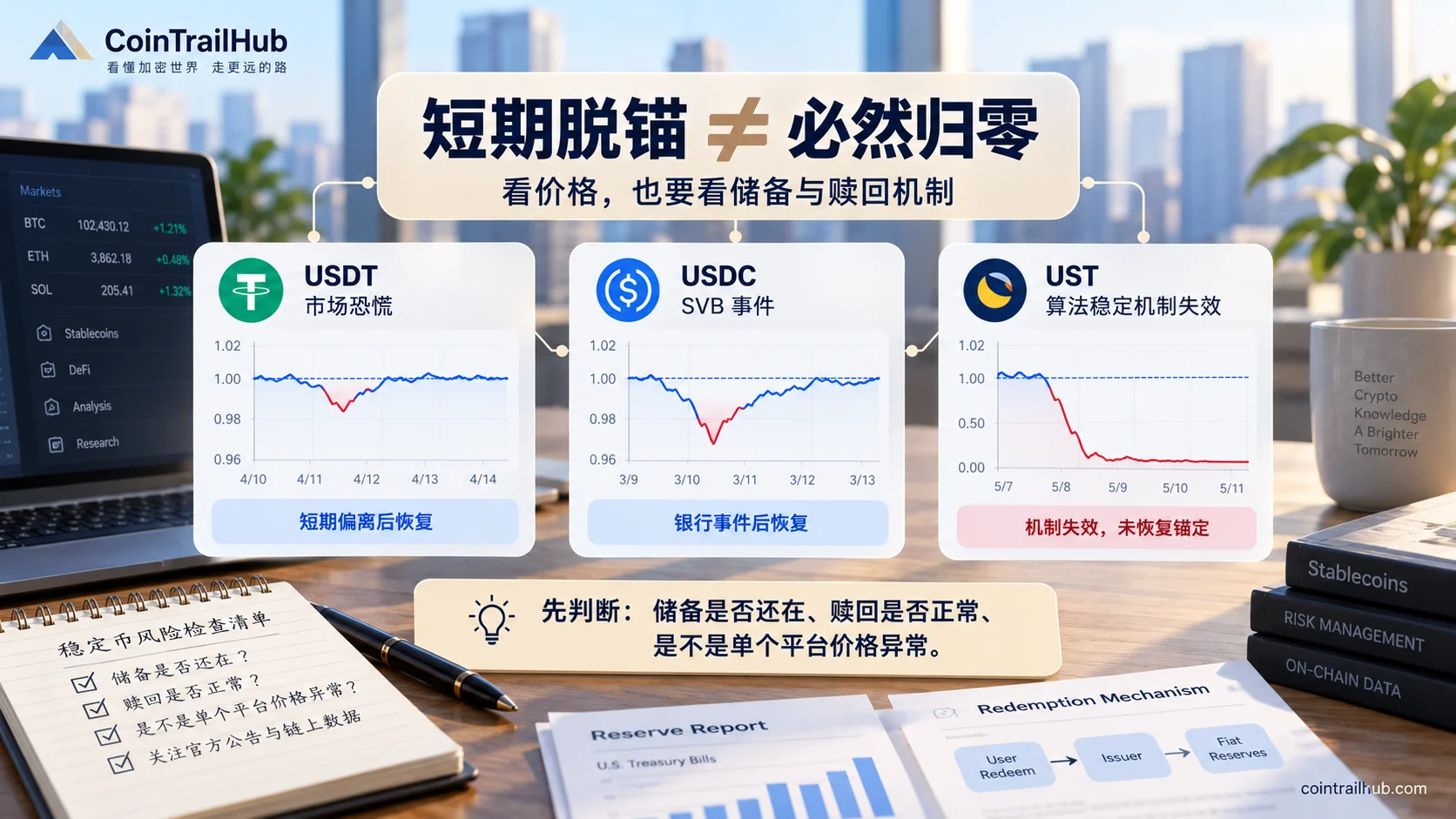 稳定币短期脱锚与机制失效对比:USDT、USDC 恢复锚定,UST 未恢复