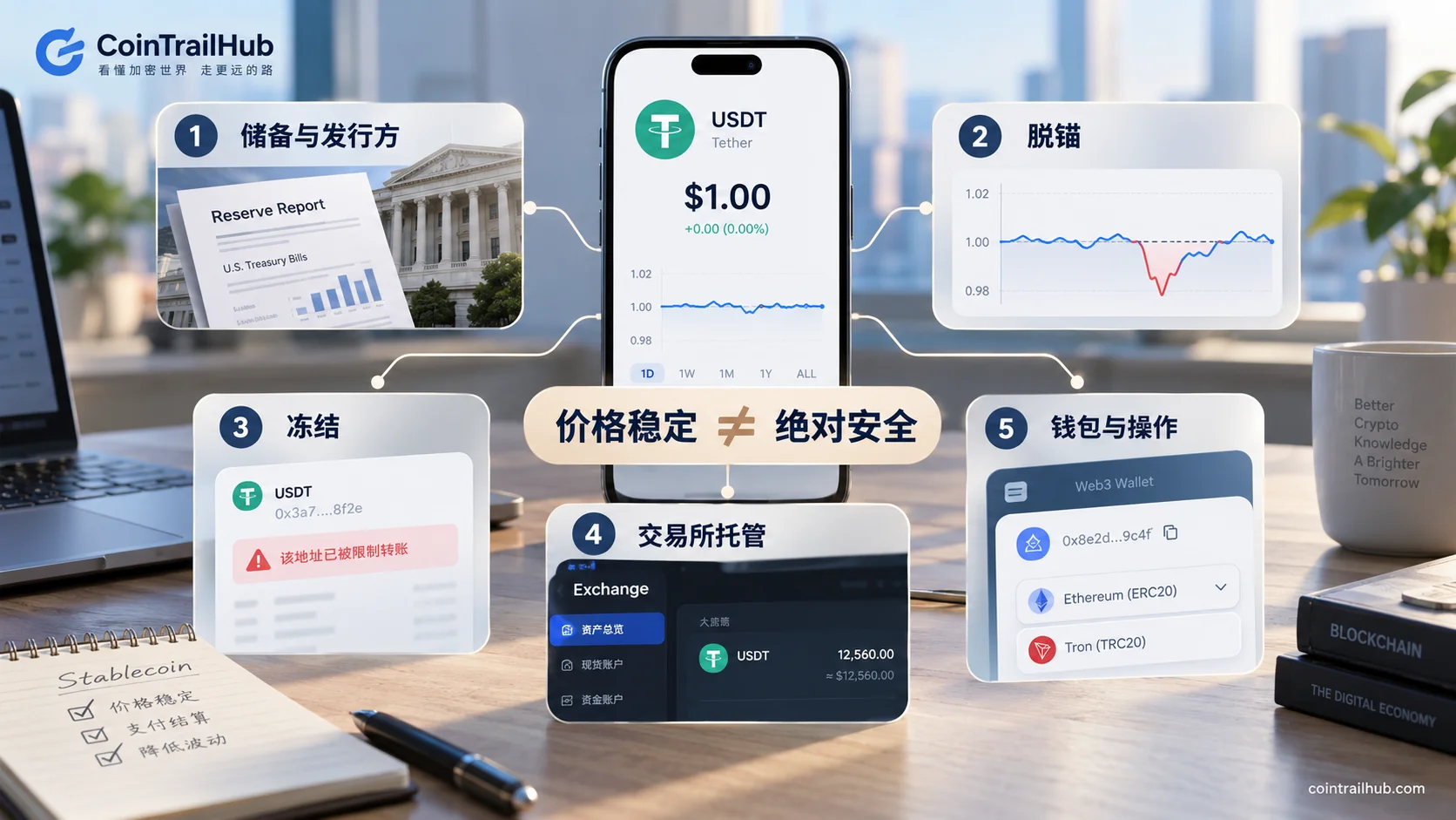 稳定币价格稳定不等于绝对安全,储备、脱锚、冻结、交易所托管与钱包操作五类风险示意图