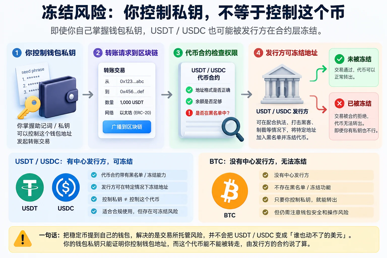 控制私钥不等于控制稳定币,USDT 和 USDC 可由发行方在合约层冻结地址