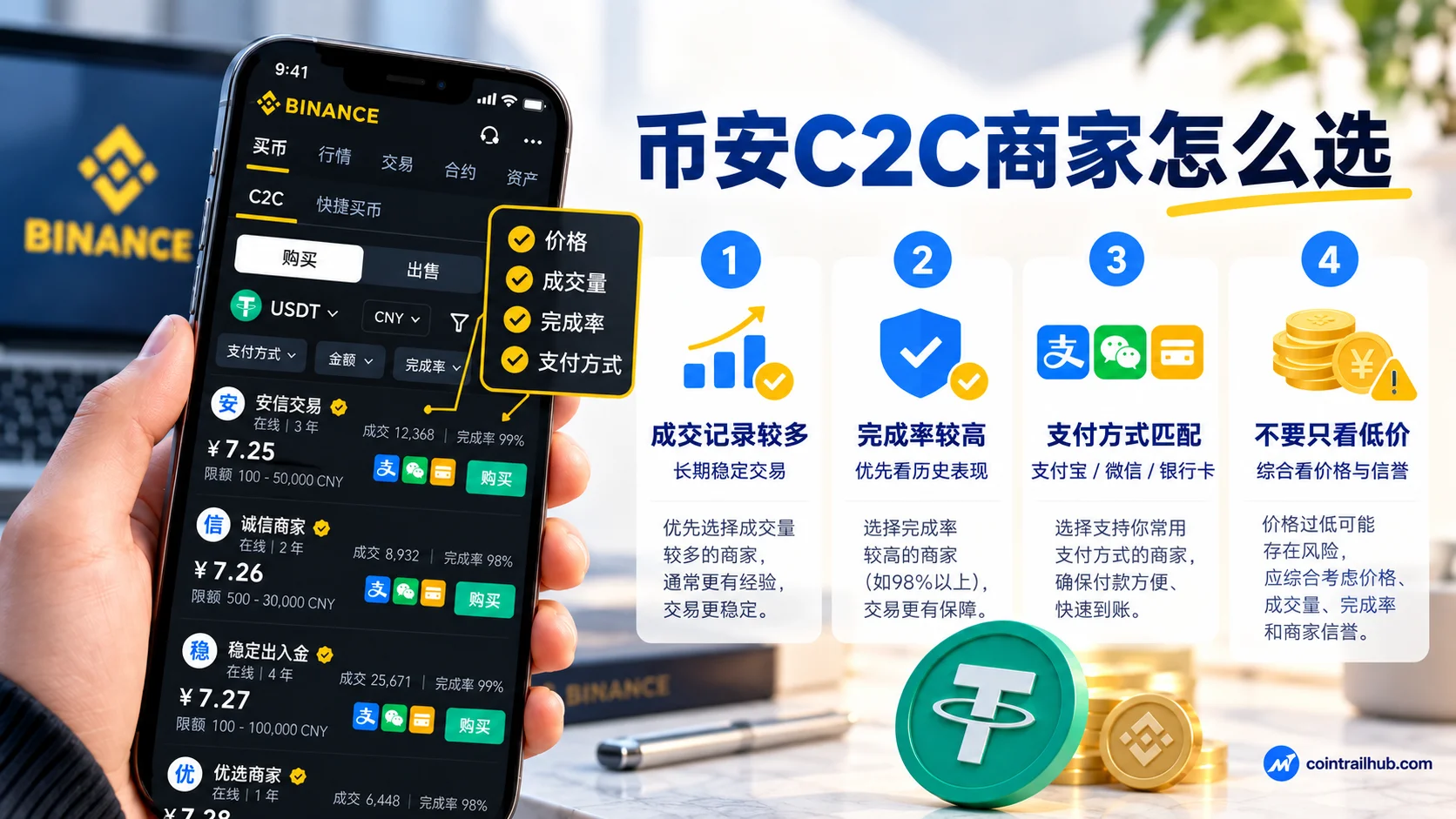 币安C2C商家选择方法,包括成交量、完成率、支付方式和价格比较