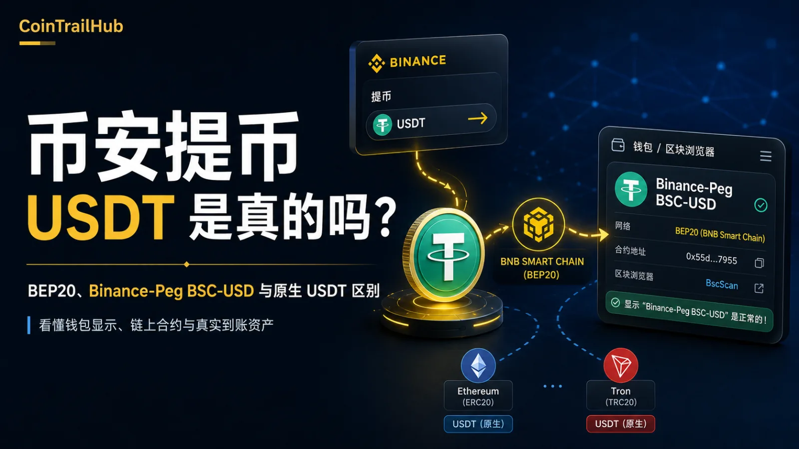 币安提币 USDT 是真的吗？BEP20、Binance-Peg BSC-USD 与原生 USDT 区别