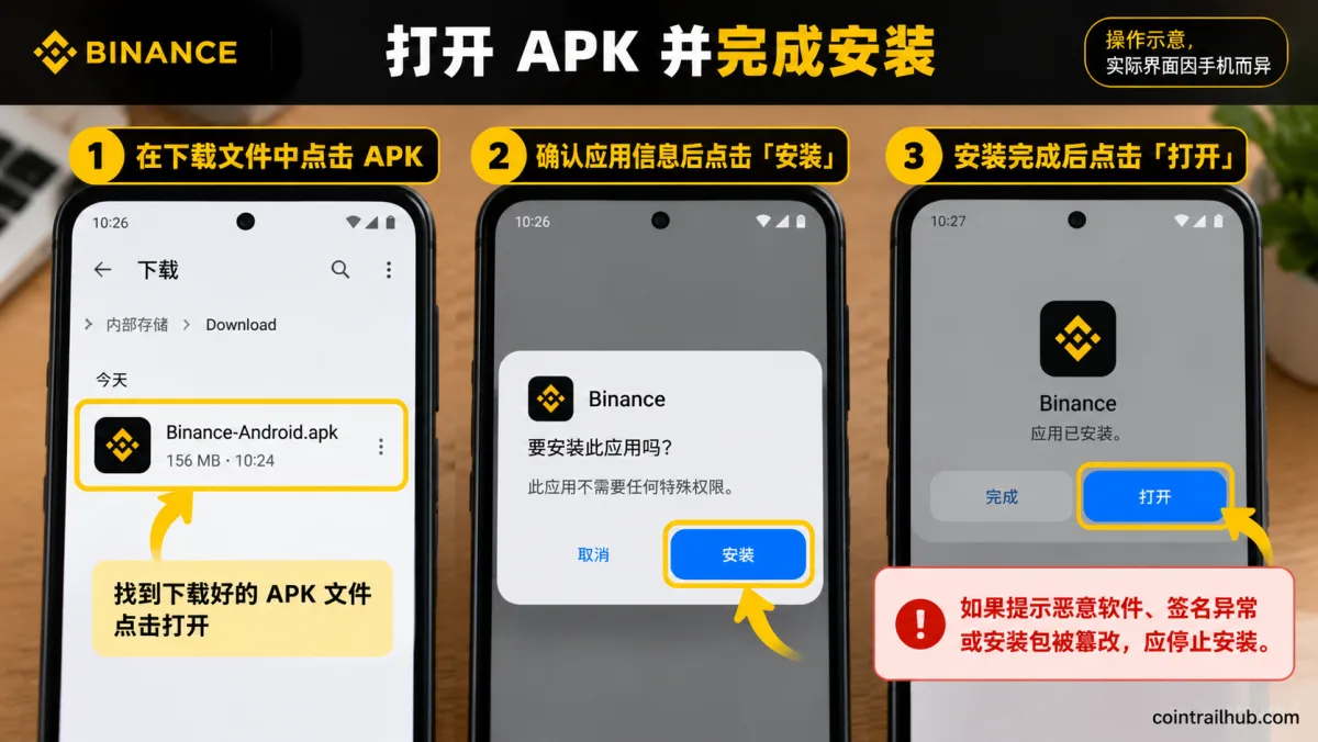 币安安卓App APK安装步骤,展示打开安装包、点击安装和完成后打开Binance应用