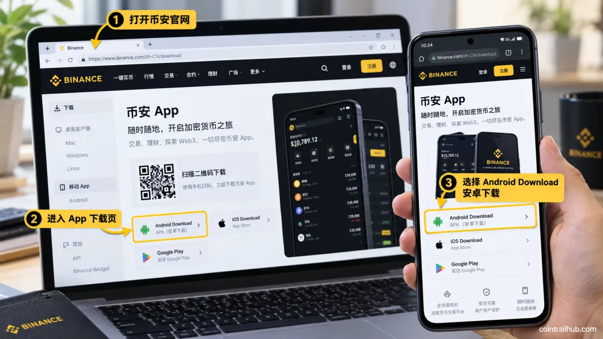 币安安卓App官方下载教程,展示Binance官网Android APK下载按钮及操作步骤