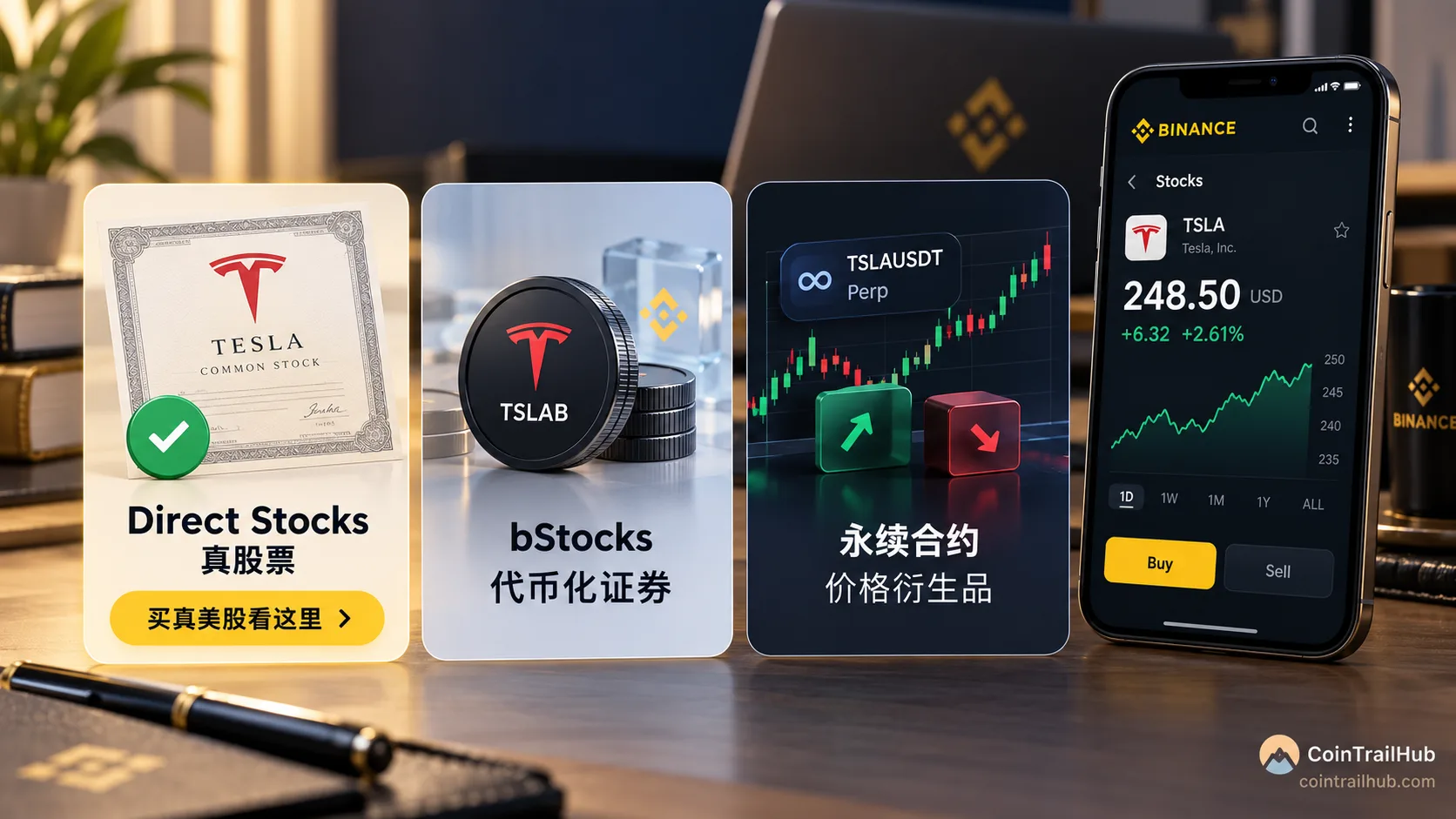 币安里常见的三类美股相关产品示意：Direct Stocks / bStocks / 股票永续合约
