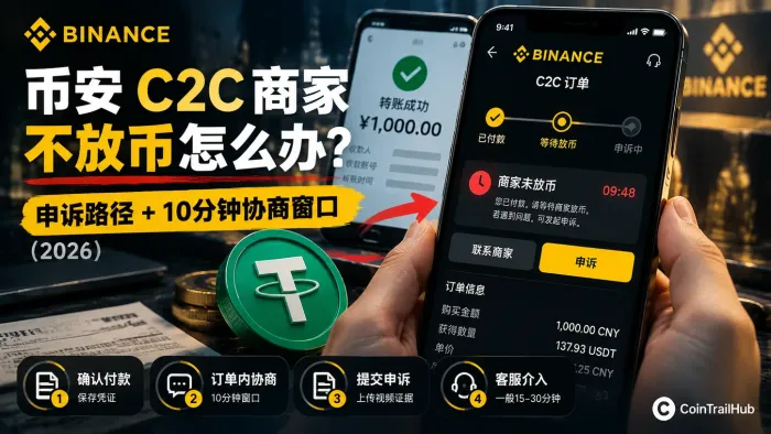 币安C2C商家不放币怎么办？付款后申诉步骤与视频证据要求（2026）