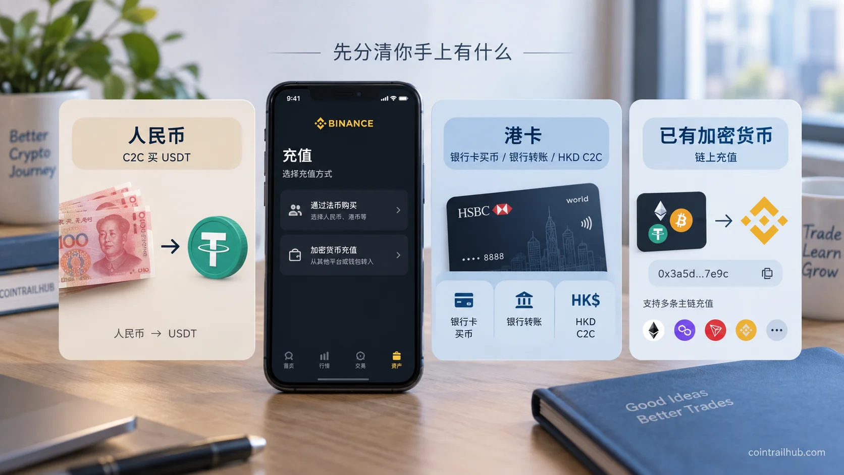 币安三种入金方式：人民币C2C、香港银行卡和链上充值