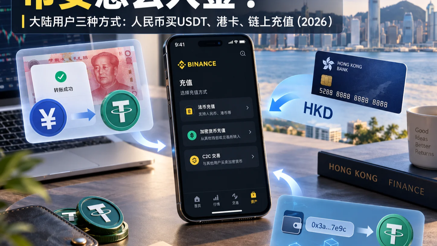 币安怎么入金？大陆用户三种方式：人民币买USDT、港卡、链上充值（2026）