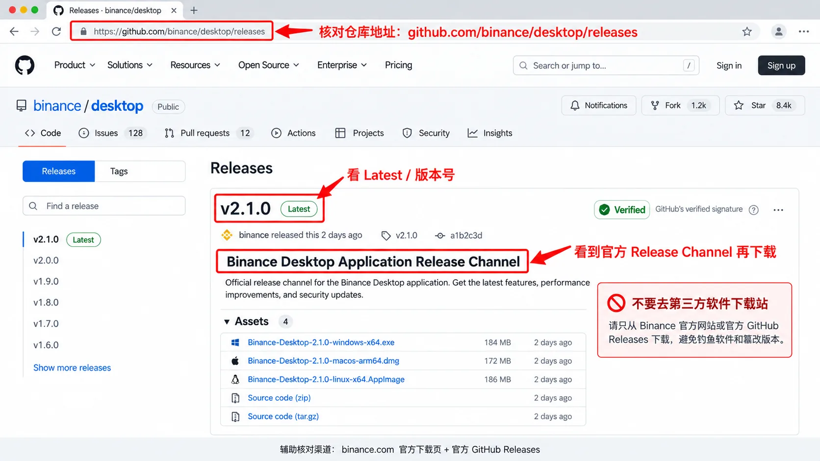 币安桌面端官方 GitHub Releases 页面，核对仓库地址、Latest 版本与官方发布渠道