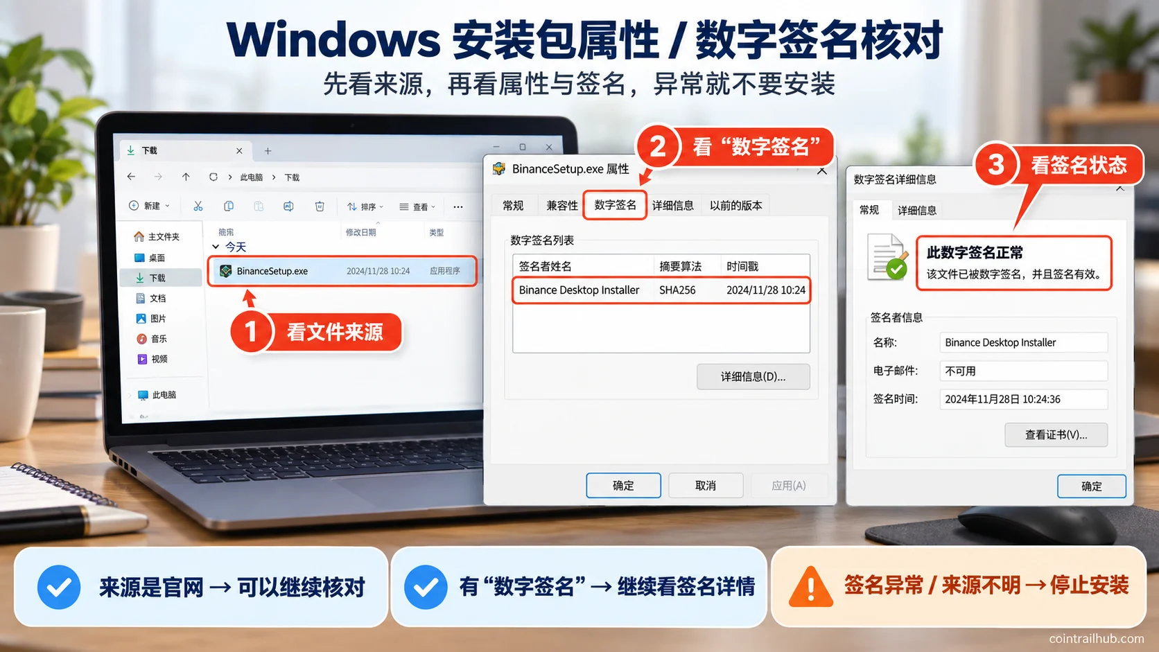 Ilustración de la revisión de las propiedades, la firma digital y la fuente de un instalador de Windows