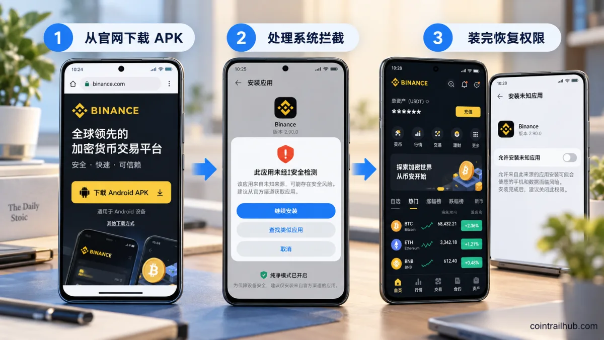 国产手机安装币安三步流程:官网下载 APK、处理系统拦截、安装后恢复权限