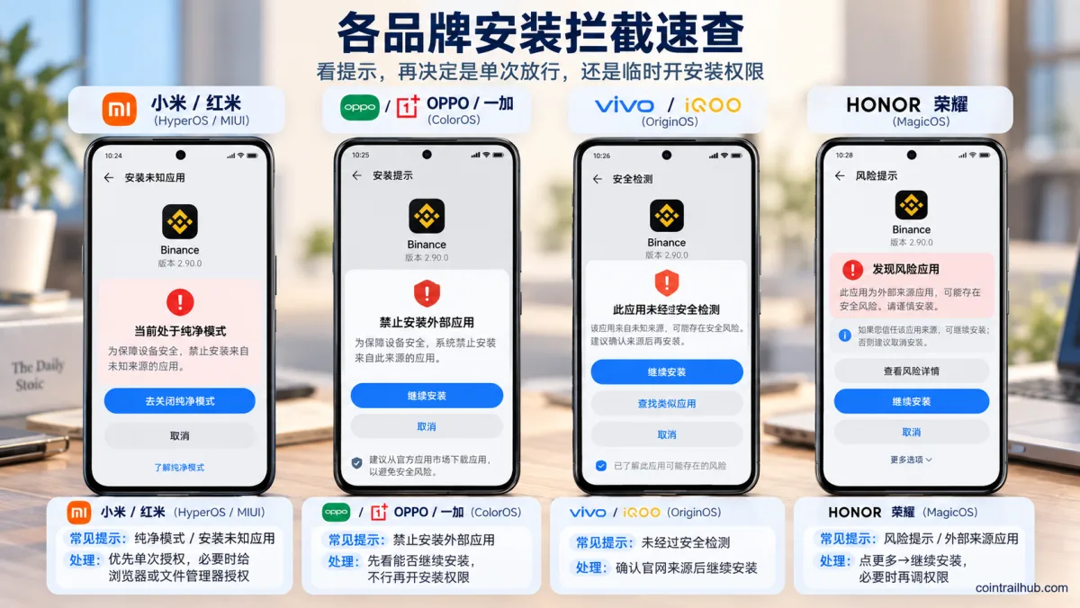小米OPPO vivo荣耀安装币安时常见的纯净模式、安全检测和外部应用拦截提示