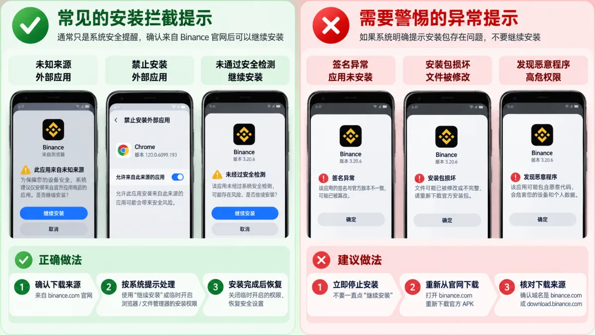 Binance安卓安装普通拦截提示与签名异常恶意程序等风险提示对比