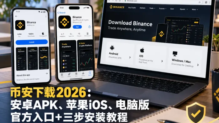 币安下载2026：安卓APK、苹果iOS、电脑版官方入口+三步安装教程（附防假冒核对）