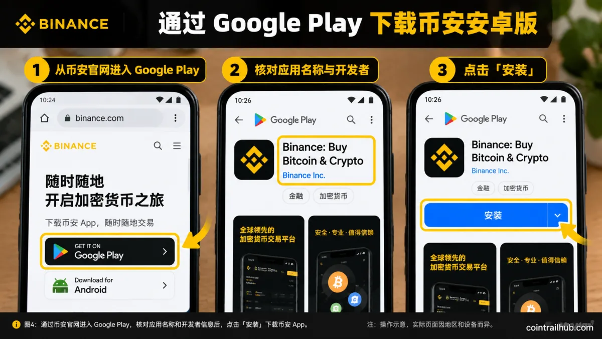 通过Google Play下载安装币安安卓App,展示官网入口、Binance应用名称、开发者和安装按钮