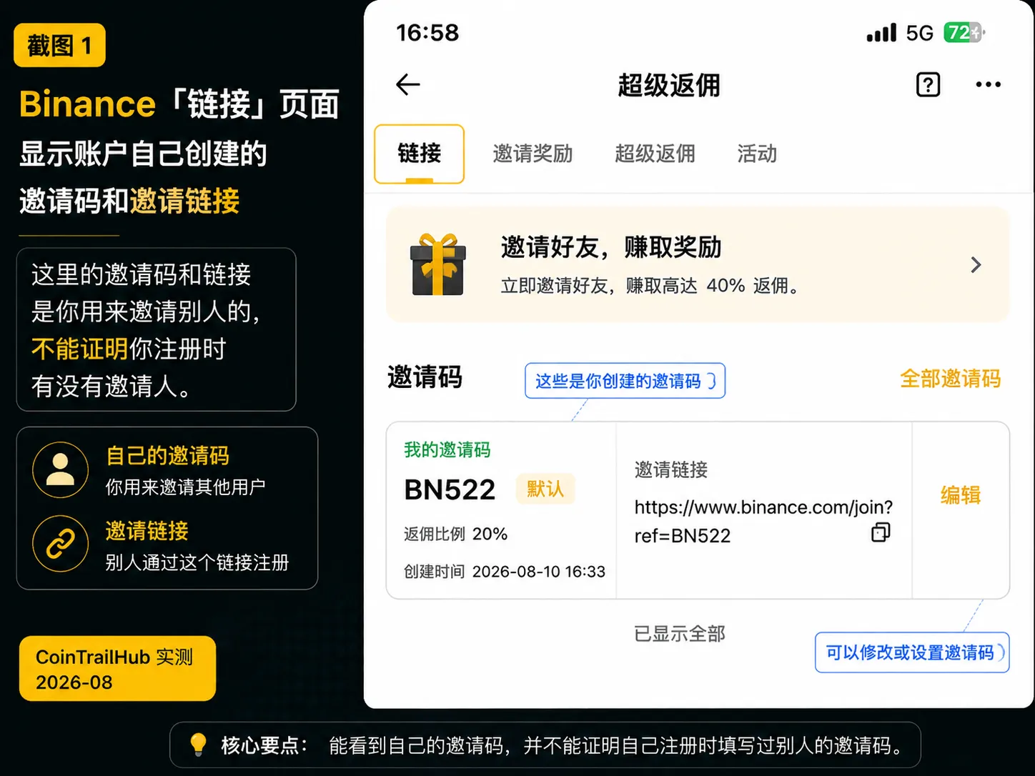Binance邀请码和邀请链接管理页面