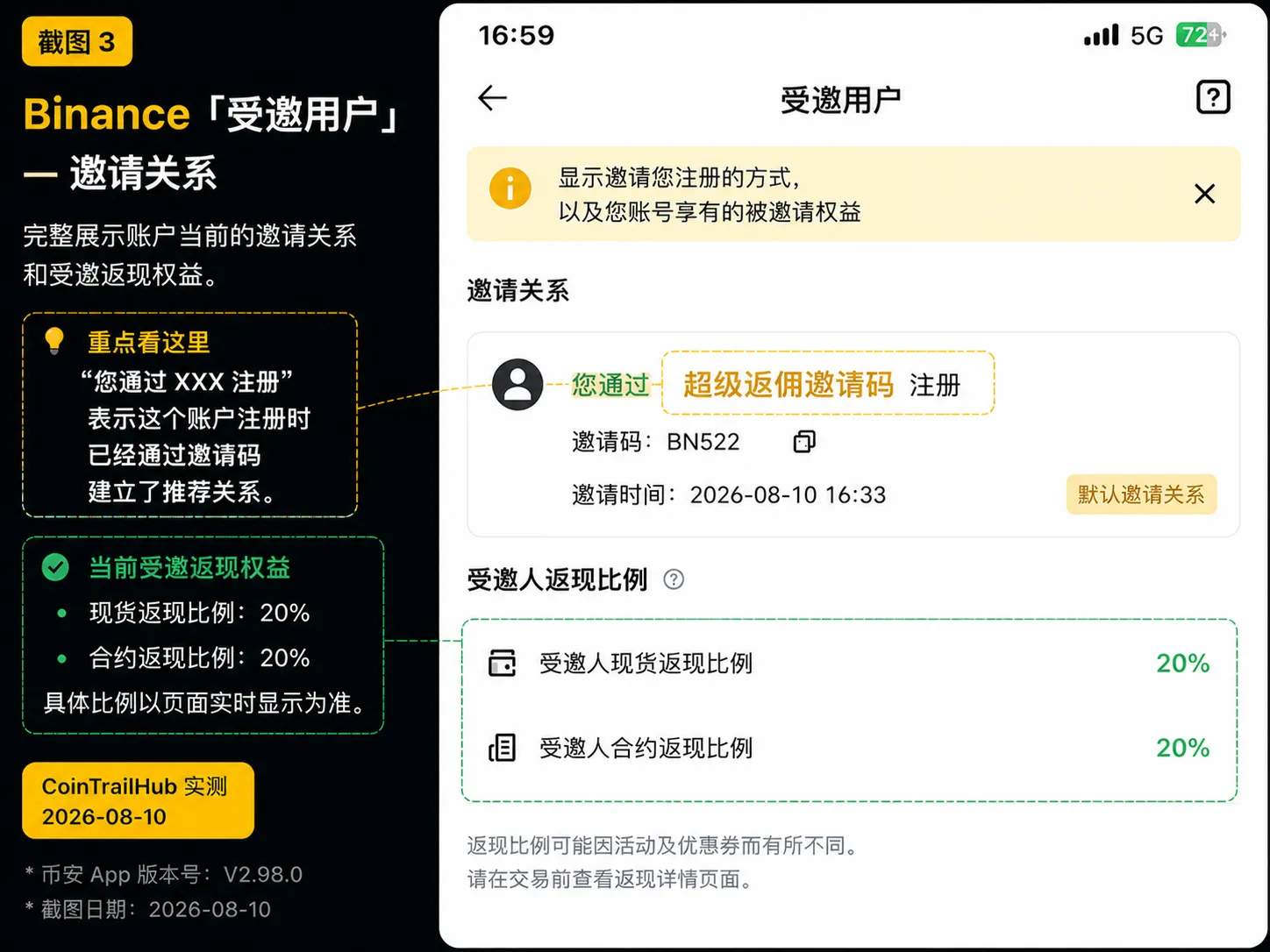 Binance受邀用户页面查看邀请关系和返现比例
