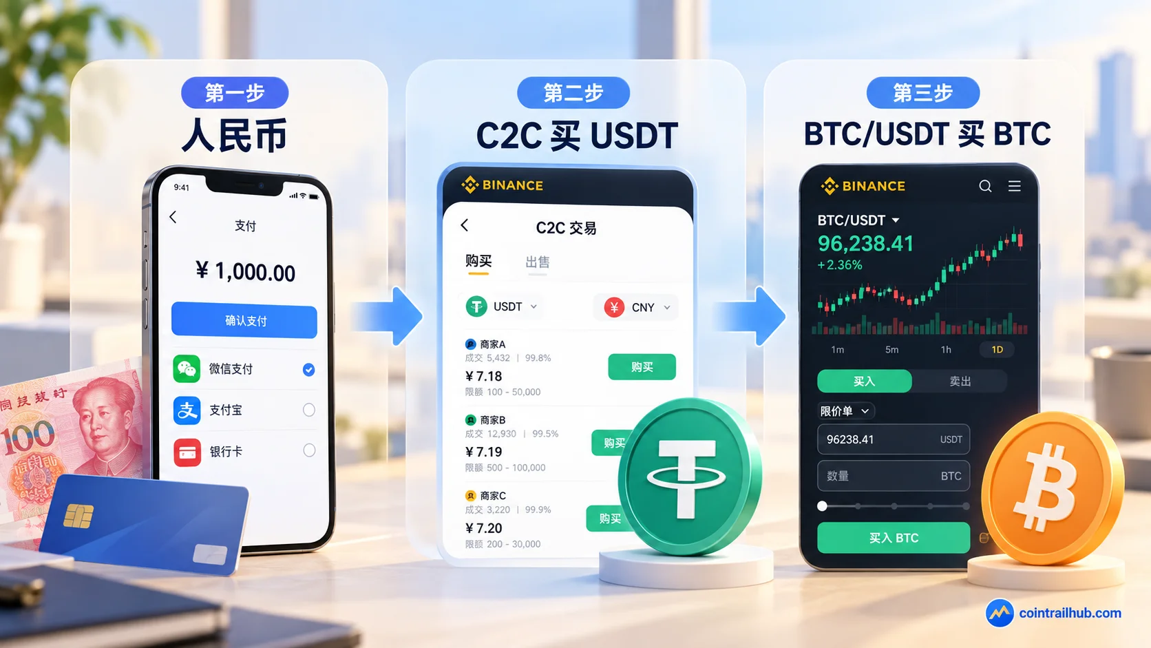 人民币怎么变成比特币:人民币通过 C2C 买 USDT,再用 USDT 现货买 BTC 的资金流程图