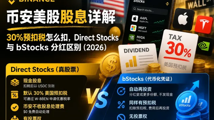 币安美股股息详解：30%预扣税怎么扣，Direct Stocks 与 bStocks 分红区别（2026）