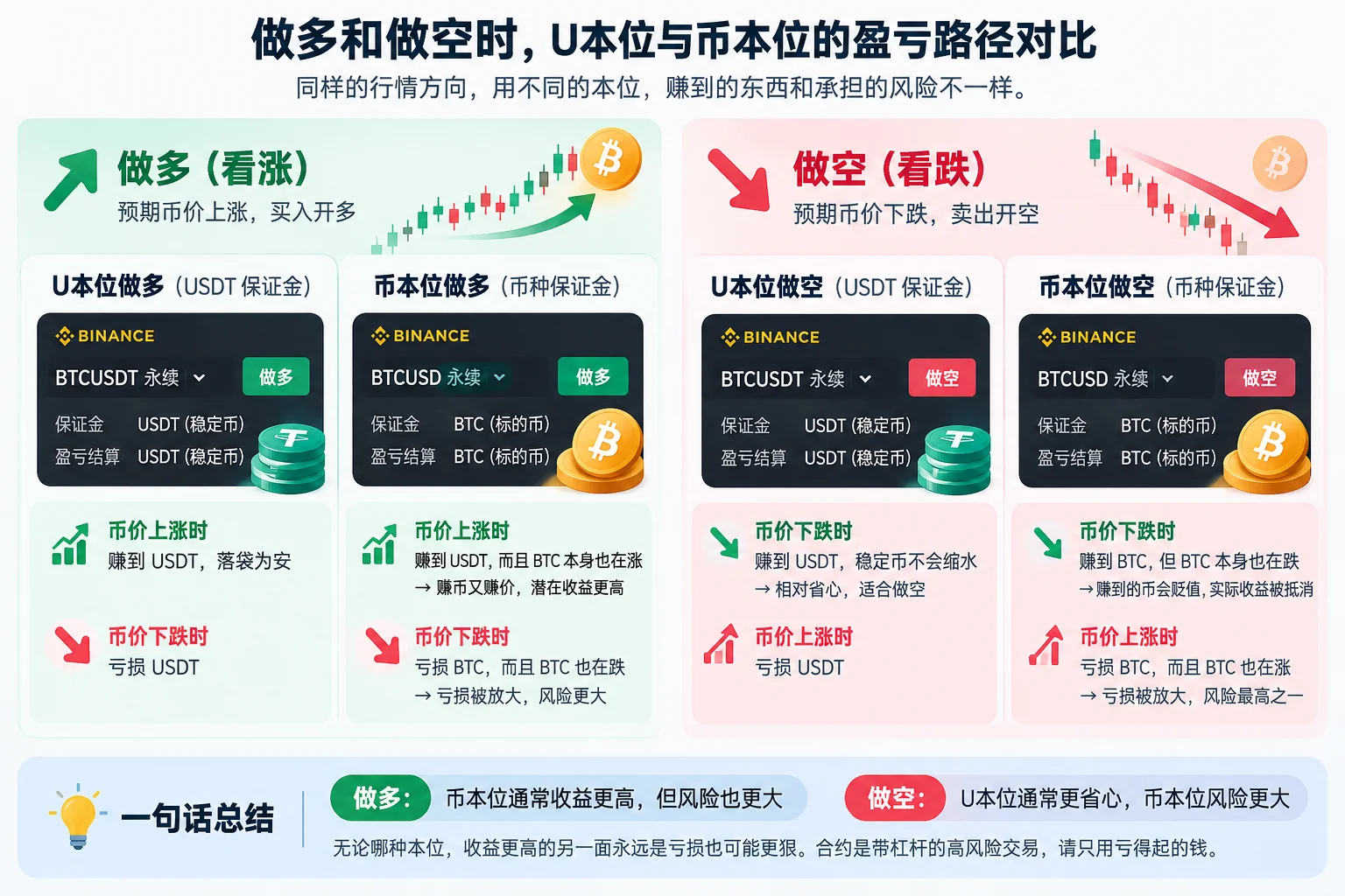 币安U本位与币本位做多做空盈亏路径对比图