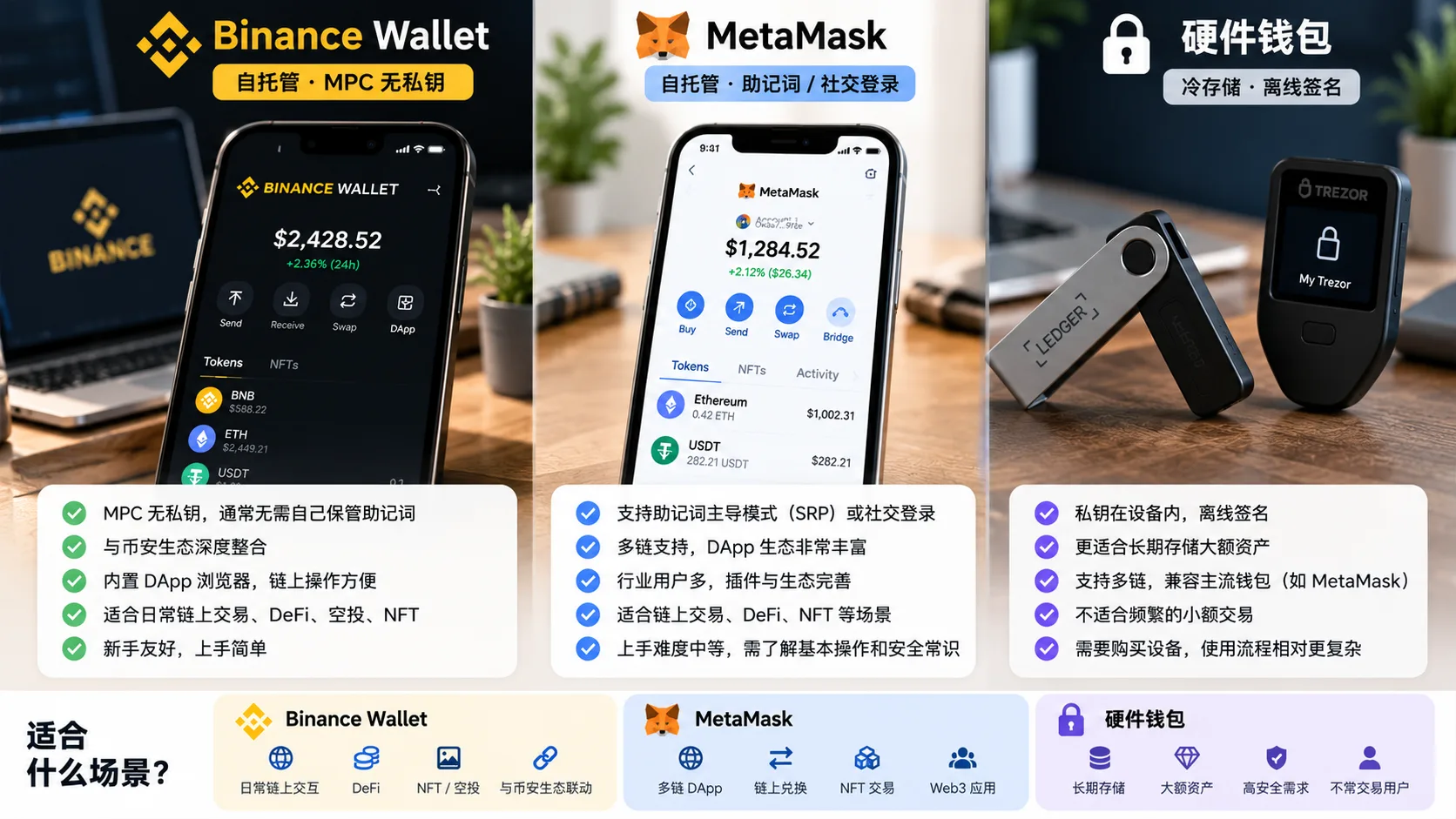 Binance Wallet、MetaMask 和硬件钱包怎么选：交易、链上操作与长期存储场景对比
