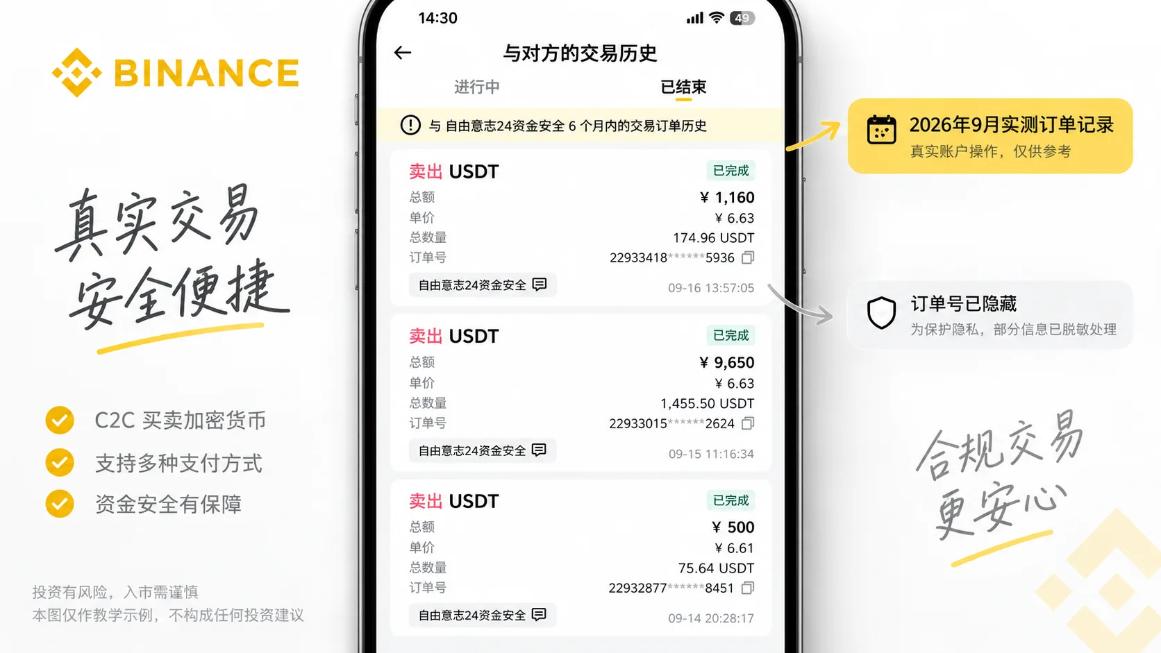 币安 USDT CNY C2C 卖出订单实测记录，订单号已隐藏