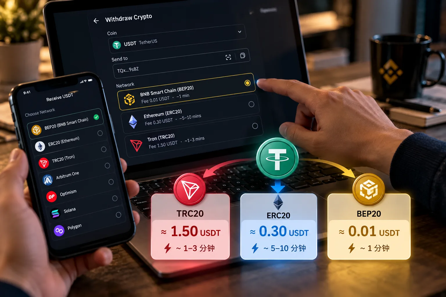 币安 USDT 提币选择 TRC20、ERC20、BEP20 网络及手续费对比,展示 BEP20 约 0.01 USDT、ERC20 约 0.30 USDT、TRC20 约 1.50 USDT 的参考费用