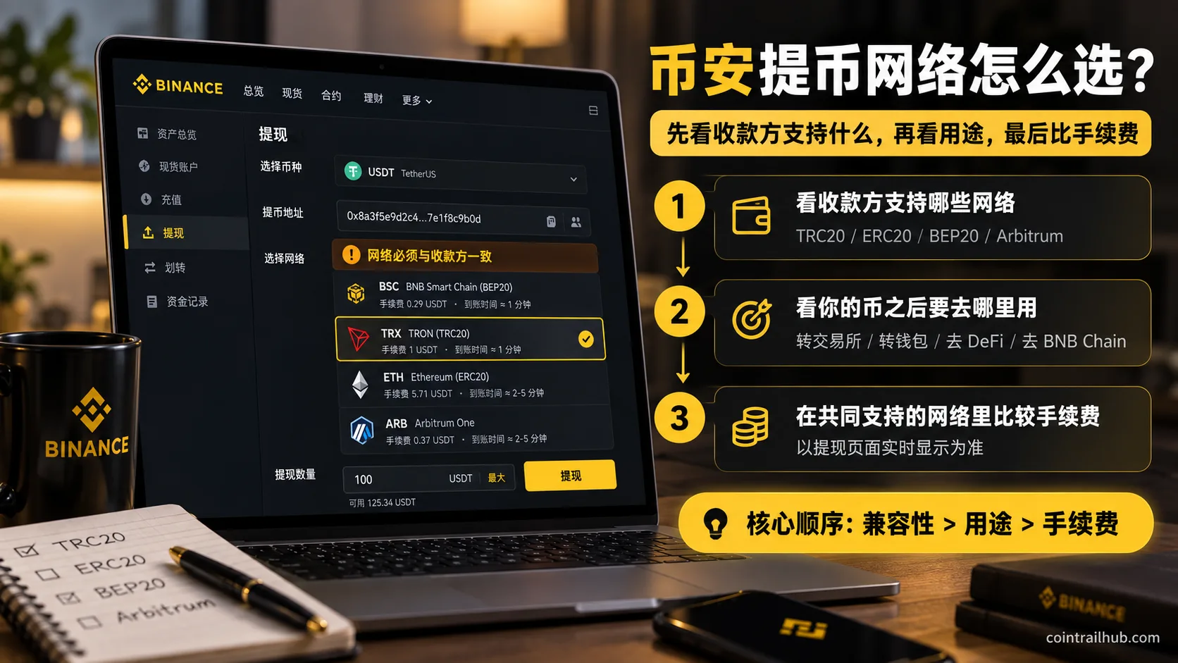 币安 USDT 提币网络选择流程图,展示先确认收款方支持网络,再看资金用途,最后比较 TRC20、ERC20、BEP20、Arbitrum 等网络实时手续费