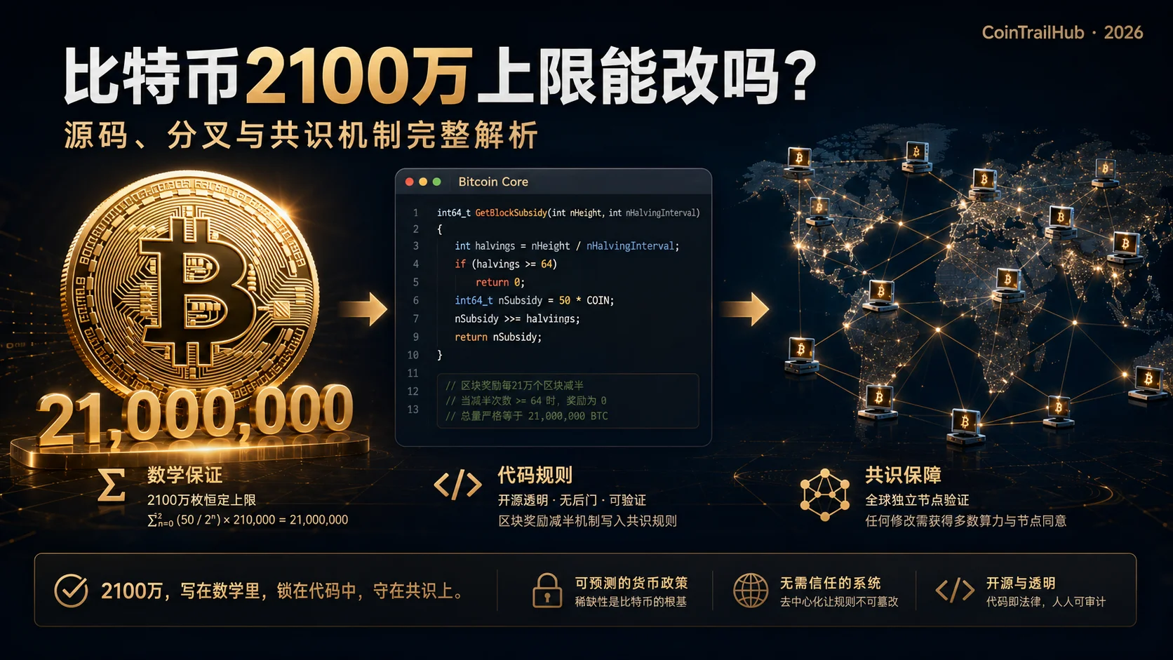 比特币2100万上限能改吗？源码、分叉与共识机制完整解析（2026）