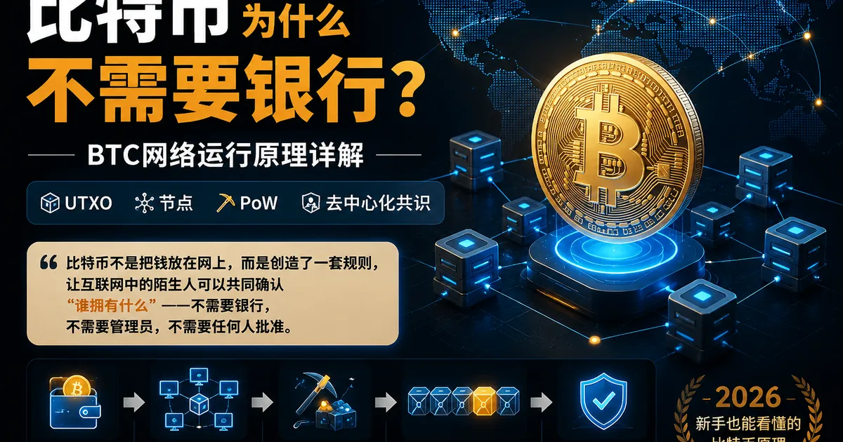 比特币为什么不需要银行？BTC网络运行原理详解：UTXO、节点、PoW和去中心化共识（2026）