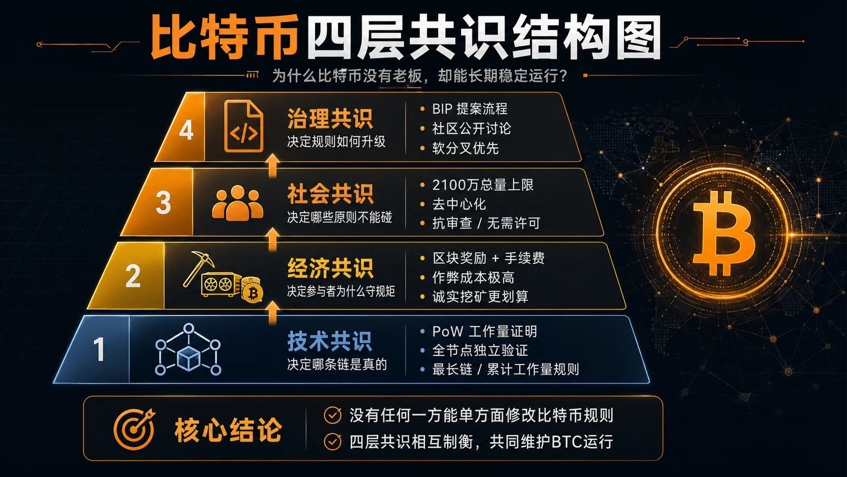 BTC没有控制者 | 2100万上限几乎不可能被改 | 51%攻击理论上存在但经济上不可行 | 升级极慢反而是护城河 | 你真正该担心的不是比特币网络,是自己的私钥管理