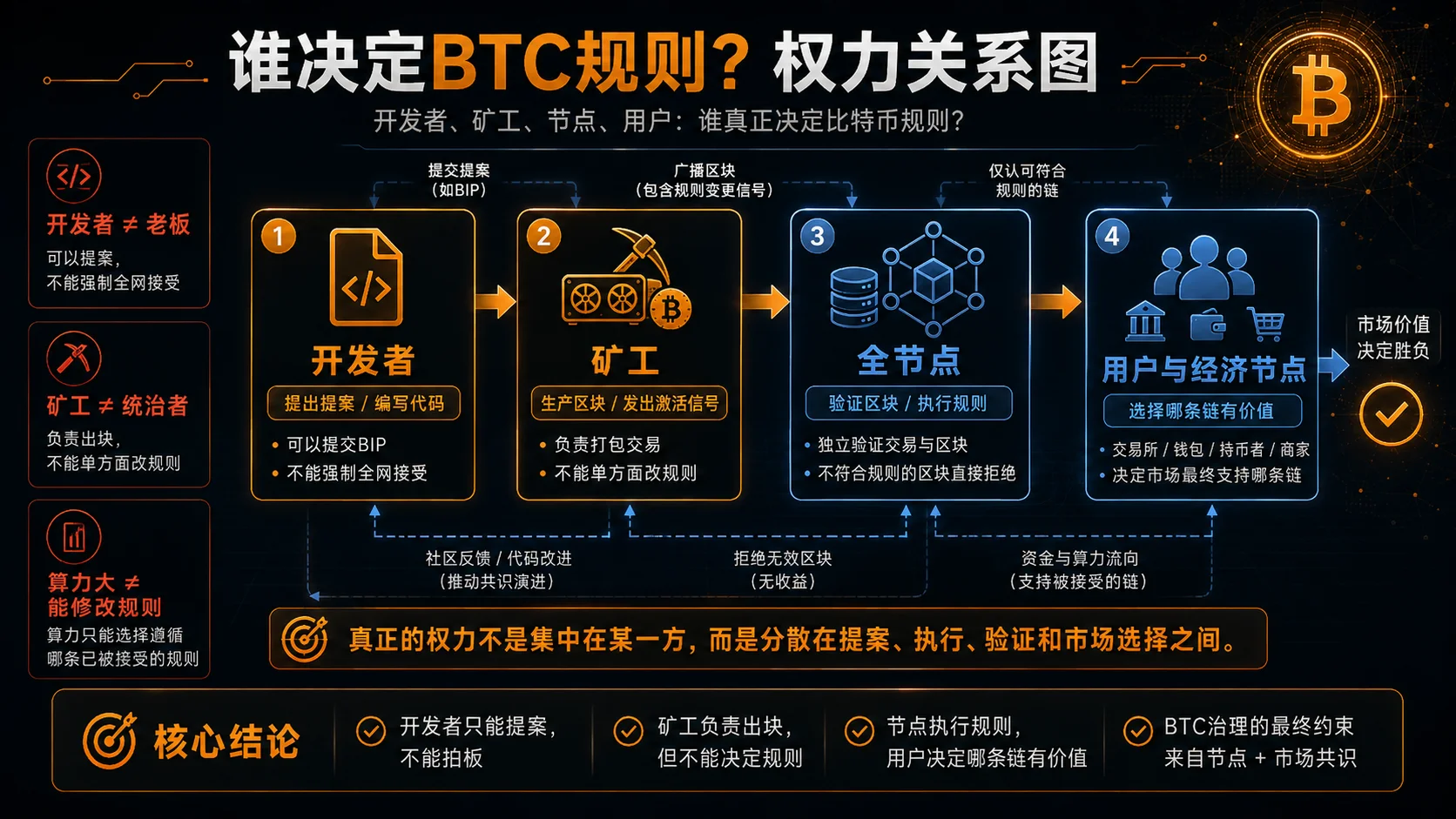 比特币四层权力结构:开发者提案、矿工出块、全节点验证、用户与经济节点决定市场价值