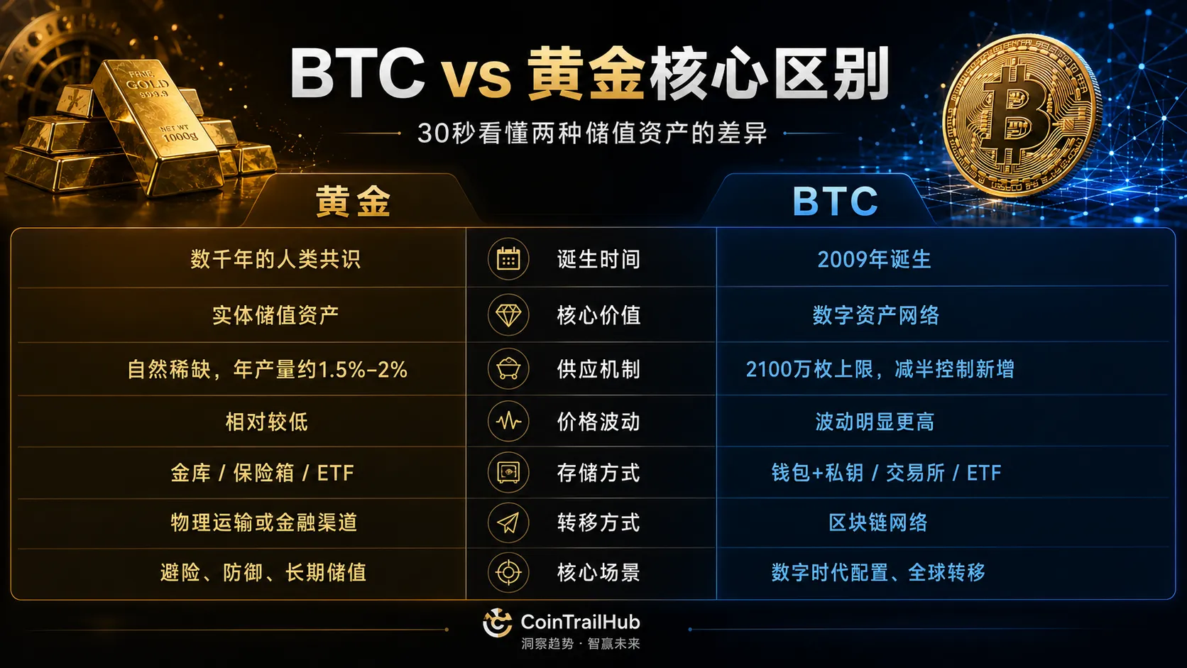 BTC和黄金对比 - 数字黄金 vs 实物黄金