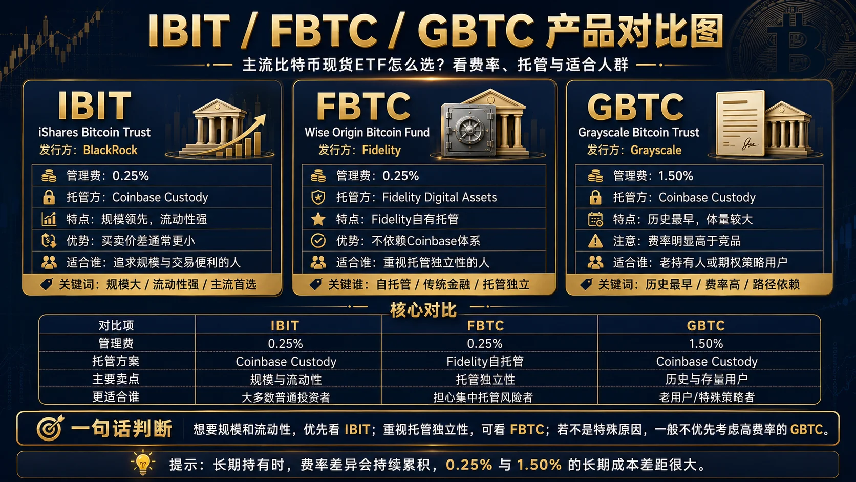 主流比特币现货ETF产品对比 - IBIT/FBTC/GBTC/ARKB/BITB