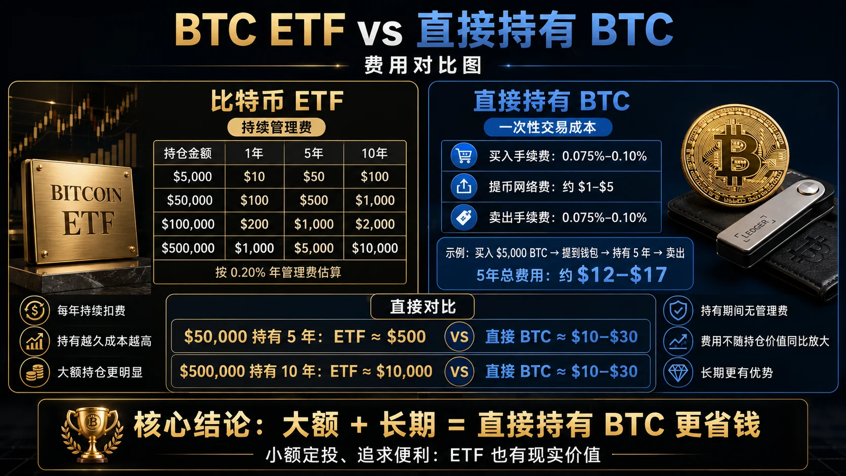 BTC ETF vs 自托管BTC五年费用对比