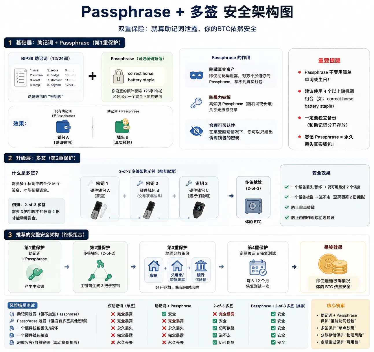 比特币多重签名钱包2-of-3架构示意