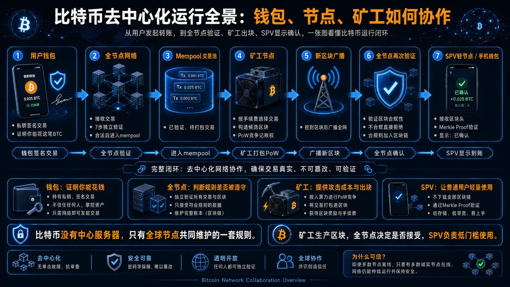 比特币四种角色协作全景:钱包、全节点、矿工、轻节点共同完成交易确认