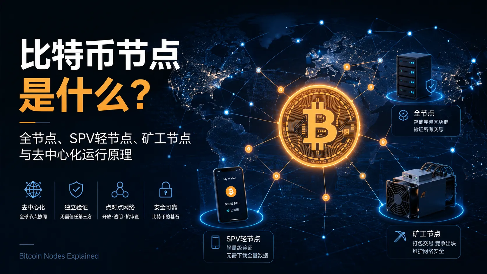 比特币节点是什么？全节点、SPV轻节点、矿工节点区别与去中心化运行原理（2026）