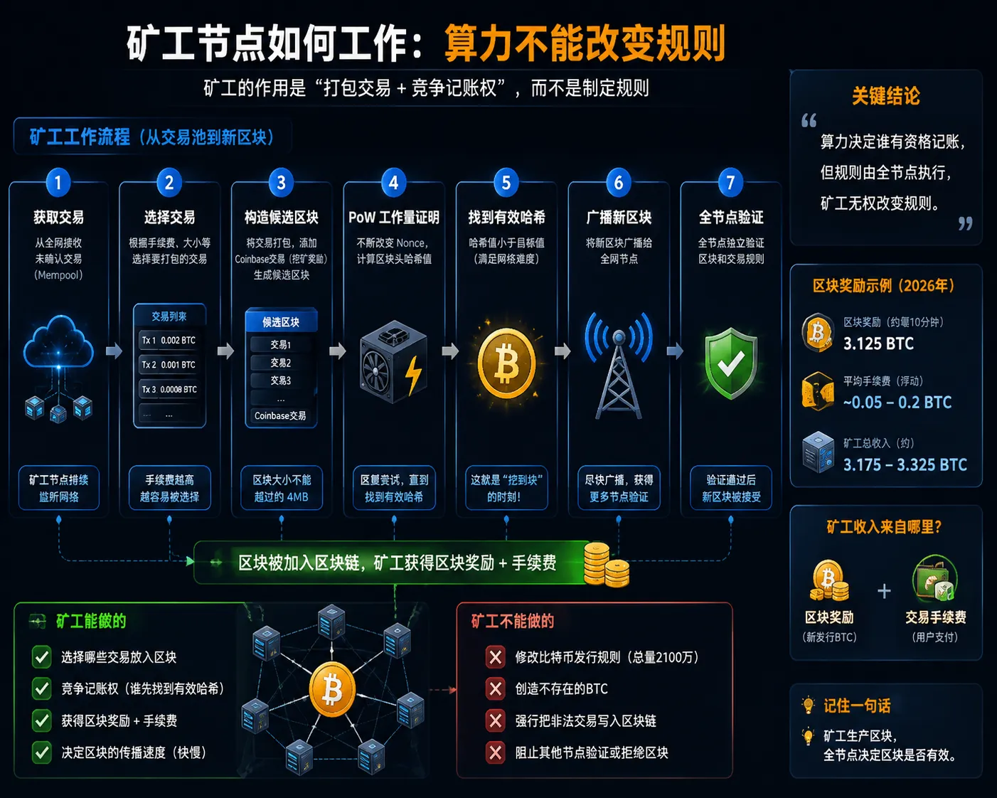 比特币矿工节点工作流程:从Mempool选交易、构造候选区块、PoW挖矿寻找合法哈希、广播新区块