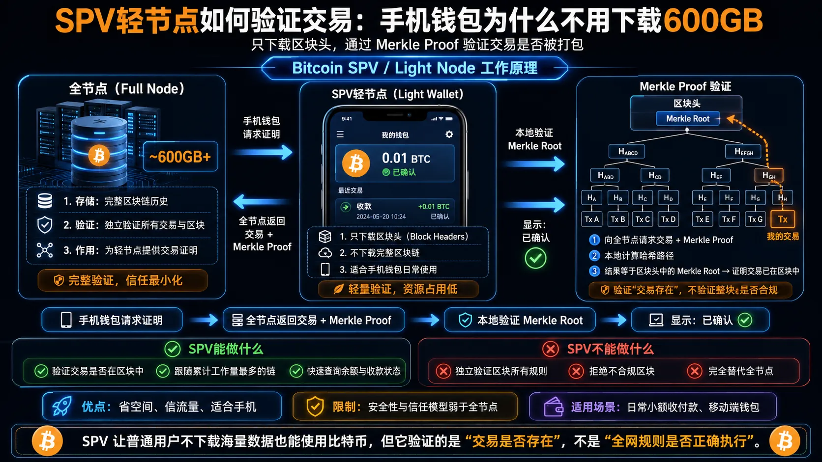 比特币SPV轻节点工作原理:只下载区块头,通过Merkle Proof向全节点查询特定交易是否已打包进区块