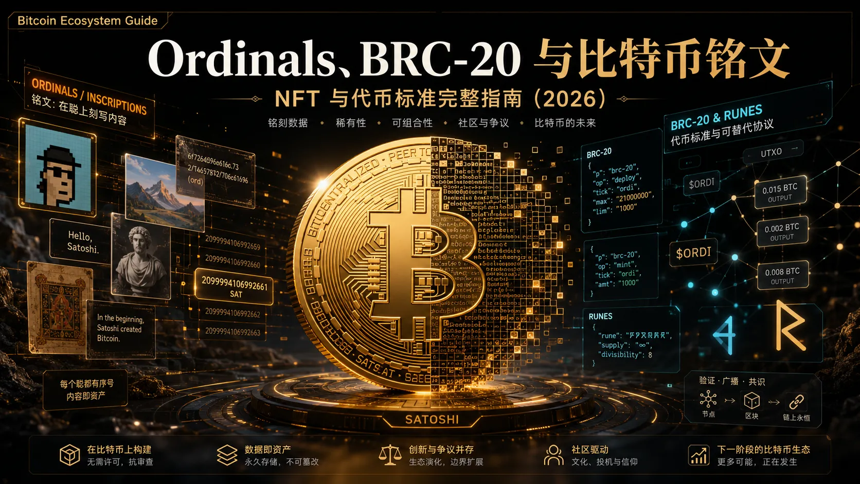 Ordinals是什么？BRC-20是什么？比特币铭文、NFT与代币标准完整指南（2026）