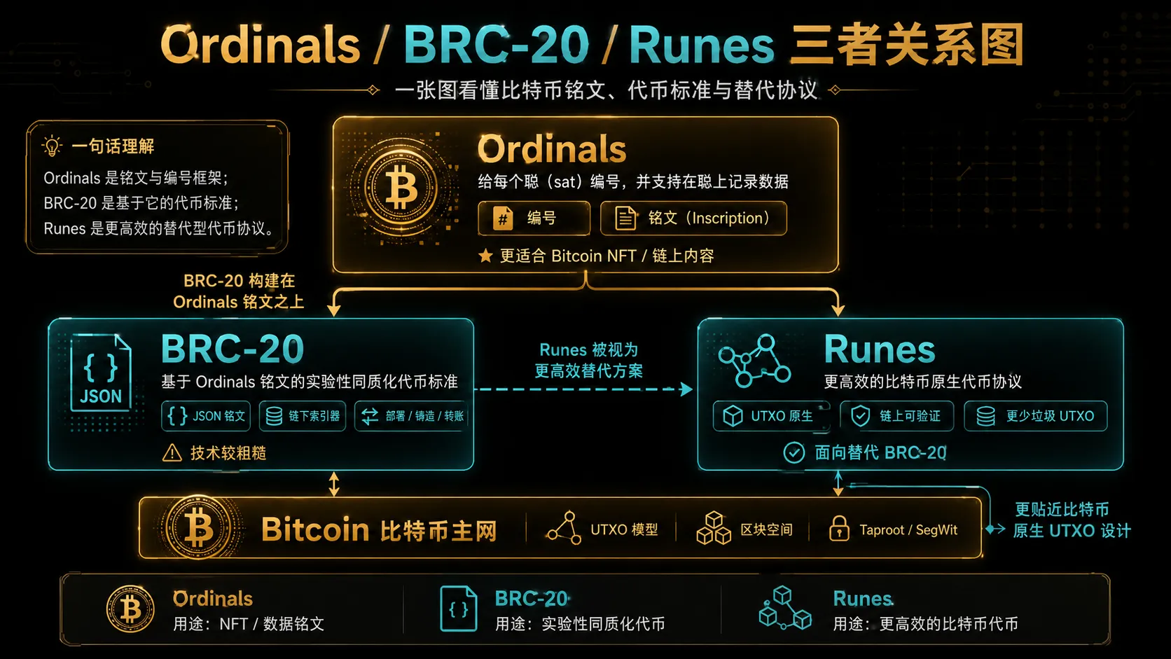 Ordinals、BRC-20、Runes、Inscription 概念关系图
