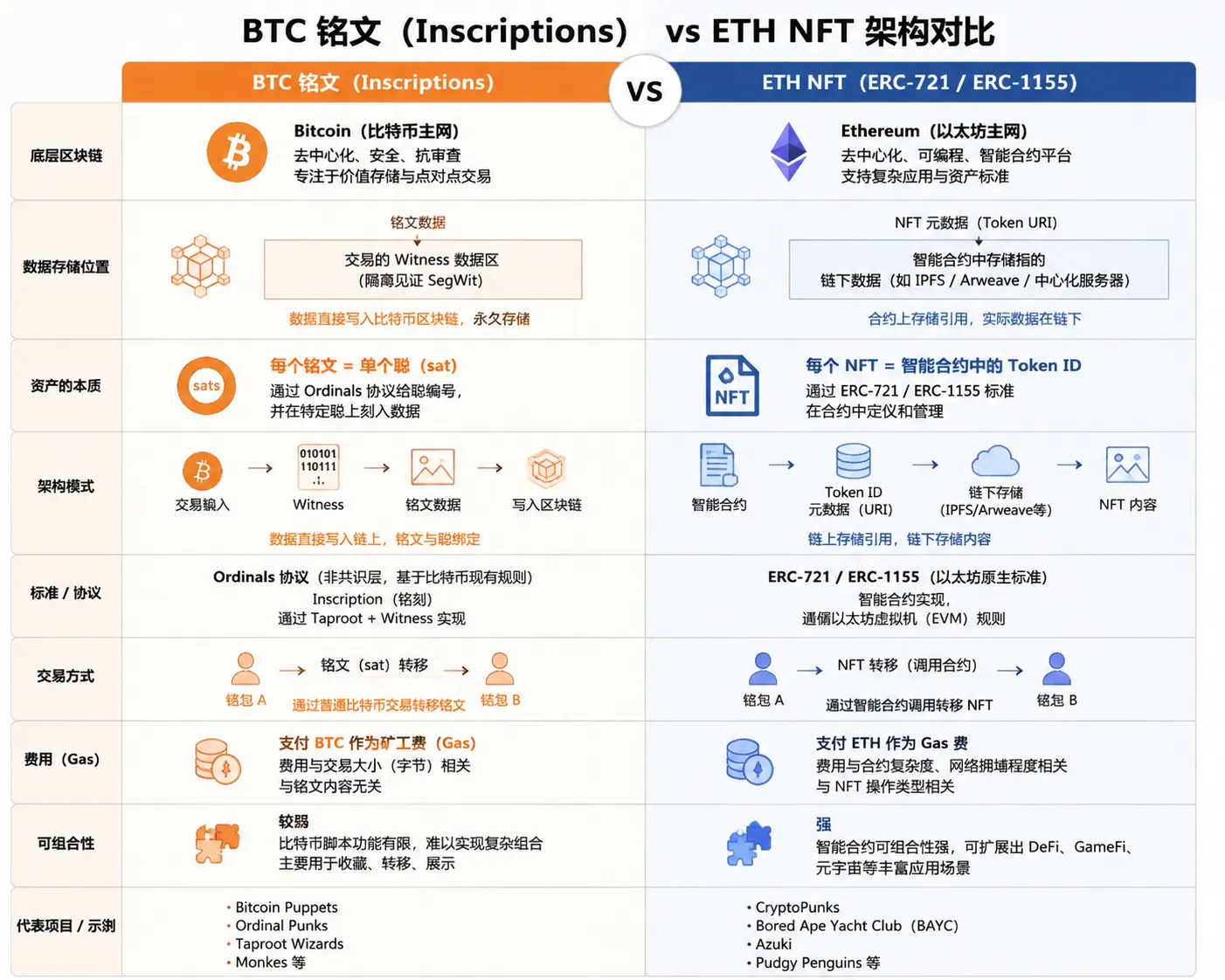 Ordinals铭文 vs 以太坊NFT 数据存储方式对比