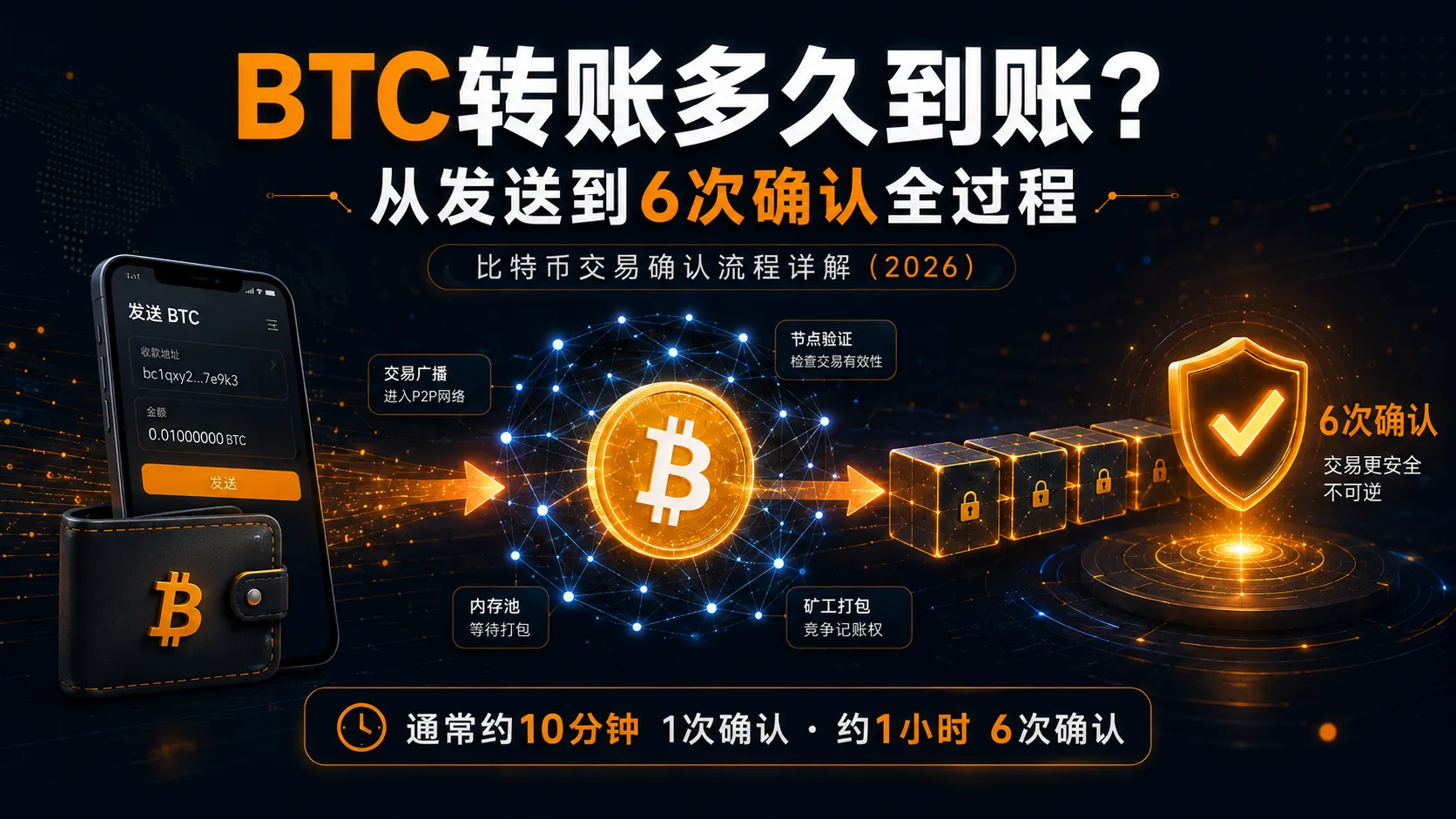 BTC转账多久到账？比特币交易确认流程详解：从UTXO、签名到6次确认（2026）