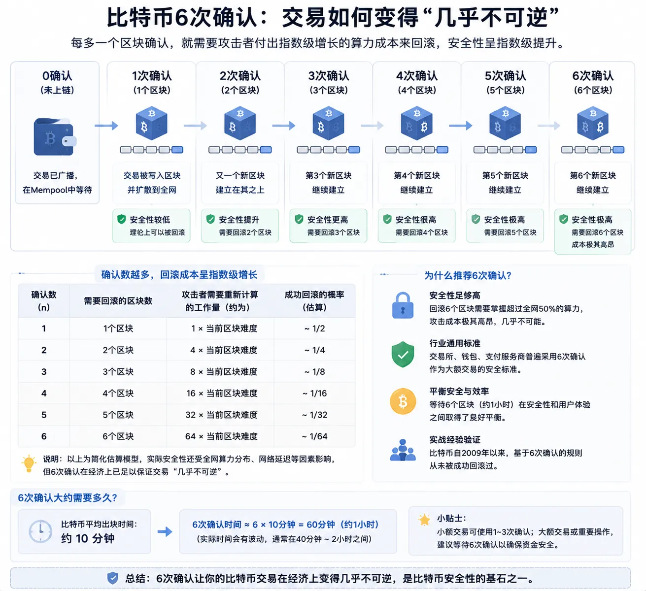 比特币交易确认数安全等级:0确认可被替换、1确认基本安全、6确认达到交易所大额入金标准