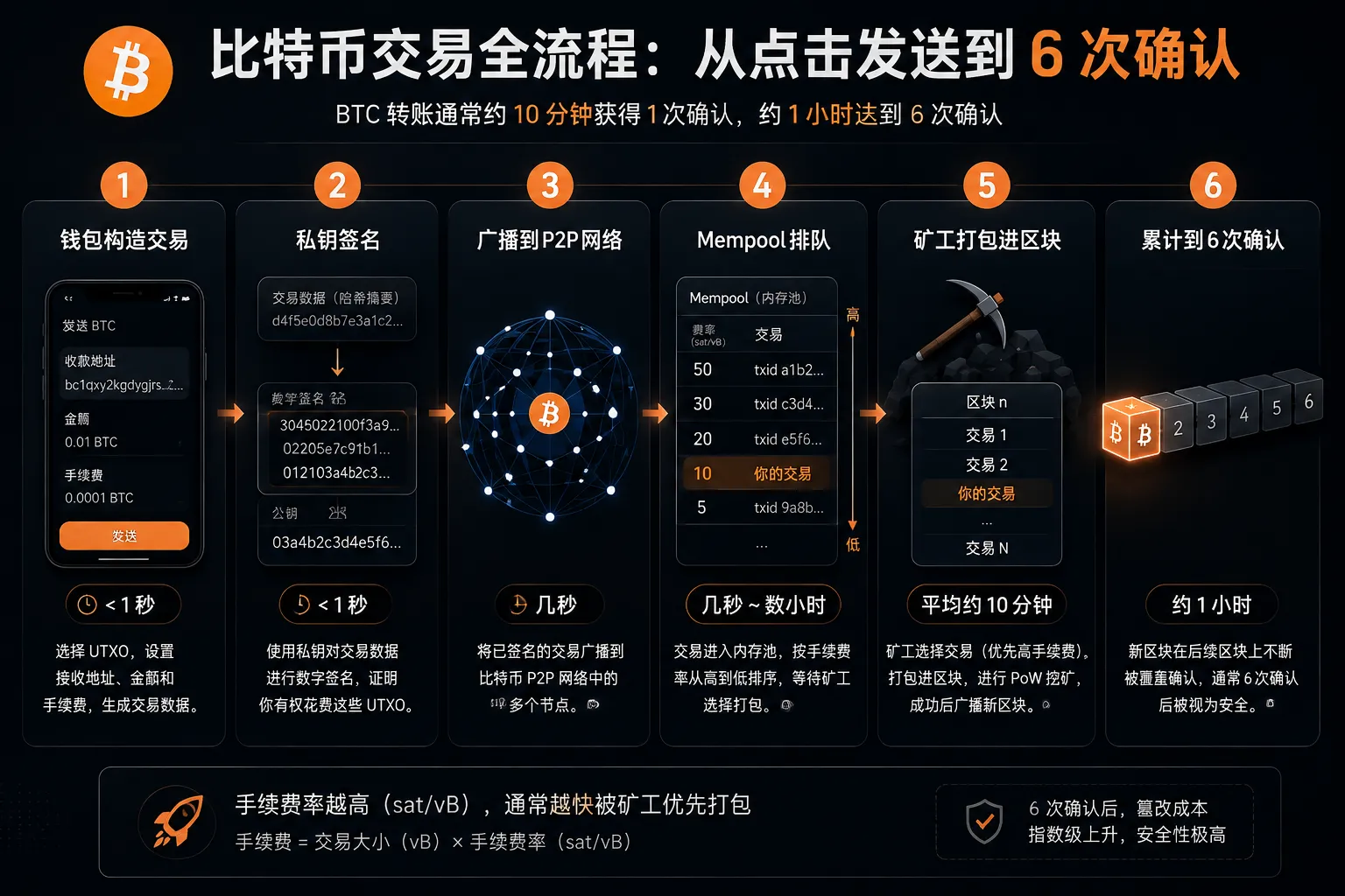 BTC转账6步流程图:构造交易→私钥签名→P2P广播→Mempool排队→矿工打包→累积确认