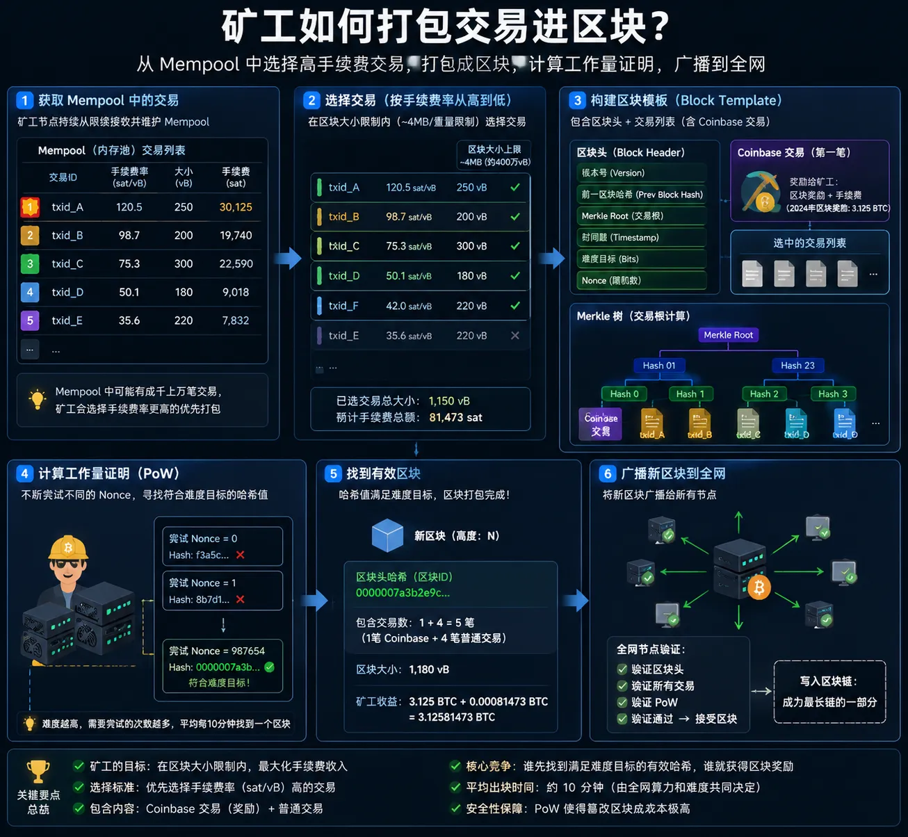 比特币矿工打包交易:从Mempool按sat/vB费率挑选交易、构造候选区块、通过PoW工作量证明竞争记账权