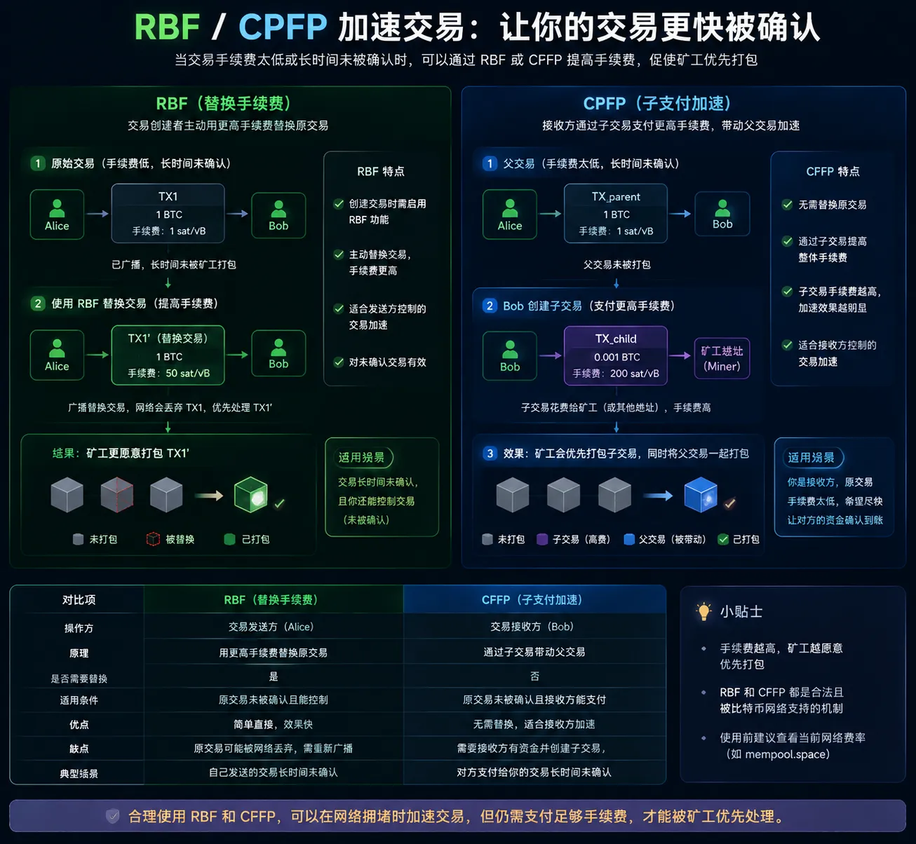 比特币交易加速:RBF用更高手续费替换原交易、CPFP用高费率子交易带动父交易一起打包