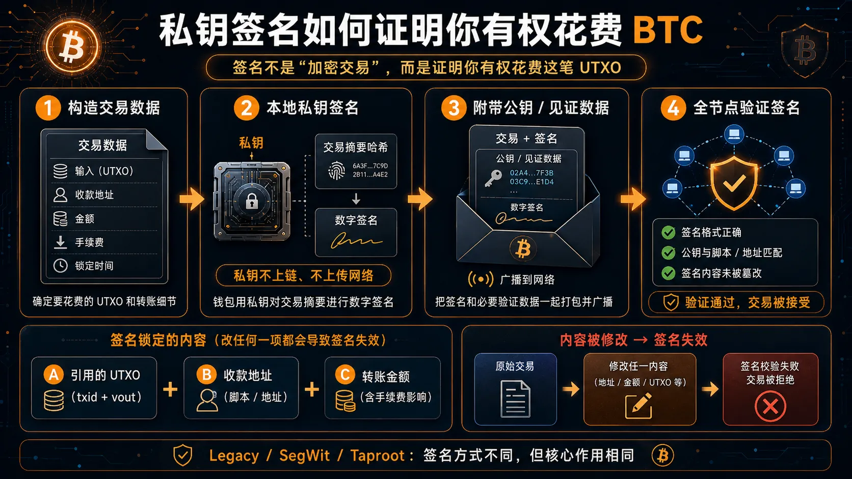 比特币私钥签名:用私钥对交易数据生成数字签名,全网节点用公钥验证签名真实性