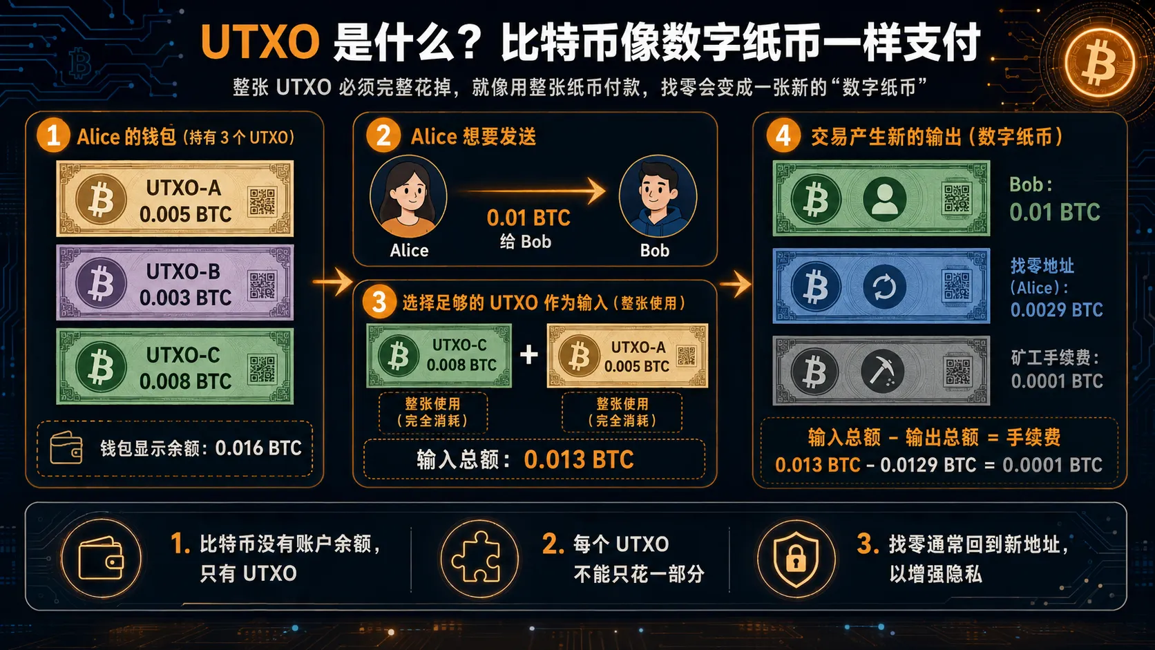 比特币钱包构造交易:选择UTXO作为输入、创建输出到收款地址、计算找零和手续费