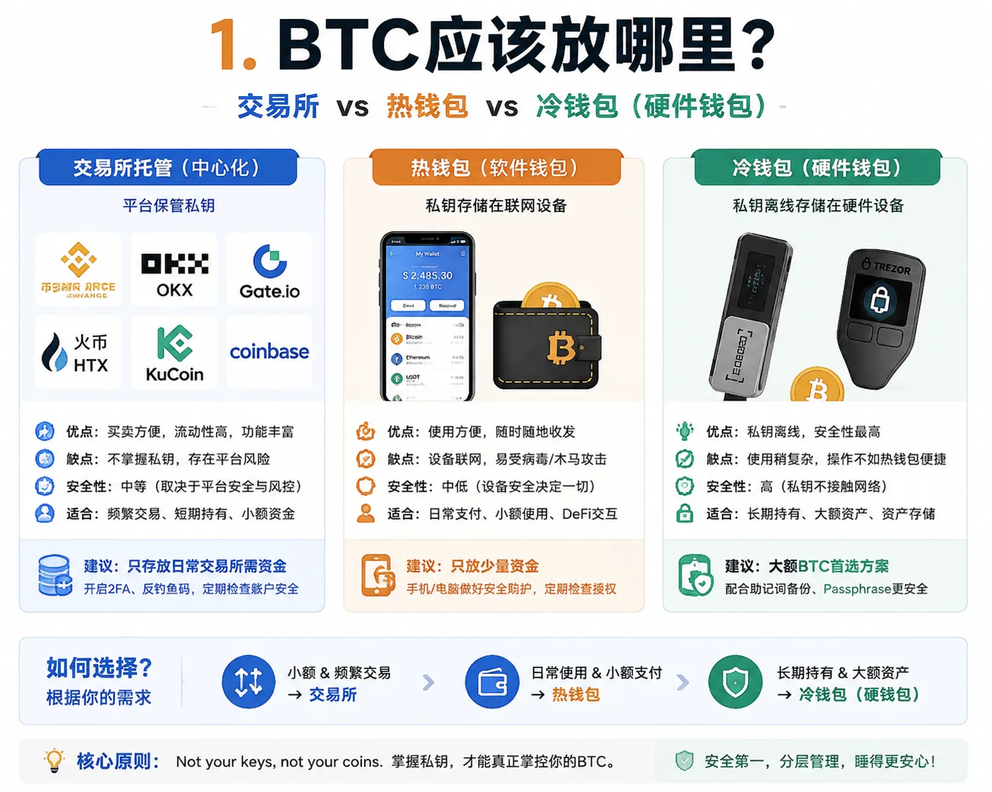 比特币存放方式对比:交易所托管 vs 热钱包 vs 硬件冷钱包